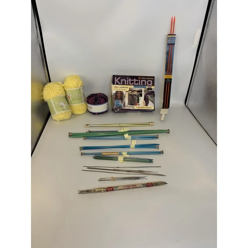 Vintage Knitting Crochet Lot Hooks Needles Yarn Boye Hero Zephr Bates Lion